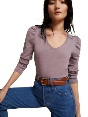 Nation LTD Elizabeth Hopeless Romantic Mauve Cotton Long Sleeve V Neck Top